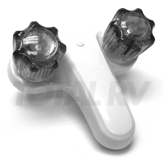 RV Bathroom Water Faucet  4" White w/ Smoke Turn Knobs   | Total RV Supply