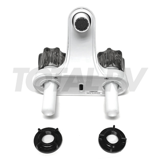 RV Bathroom Water Faucet 4" White w/ Smoke Turn Knobs | Total RV Supply
