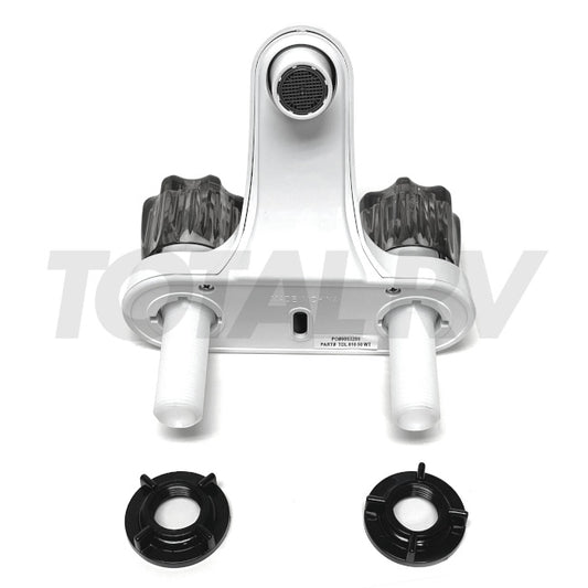 RV Bathroom Water Faucet  4" White w/ Smoke Turn Knobs   | Total RV Supply