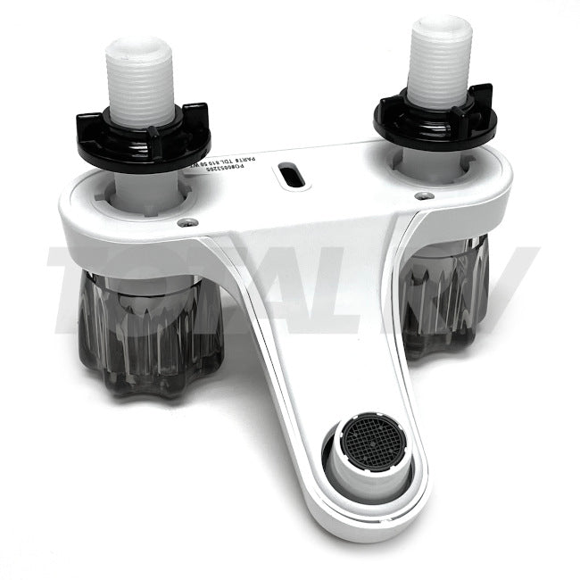 RV Bathroom Water Faucet 4" White w/ Smoke Turn Knobs | Total RV Supply