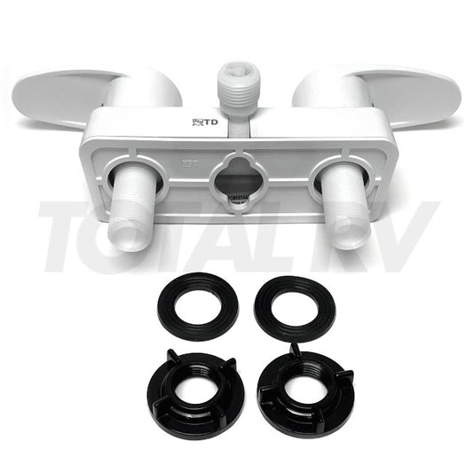 White RV Shower Faucet Diverter 4" w/ White Handles  | Total RV Supply