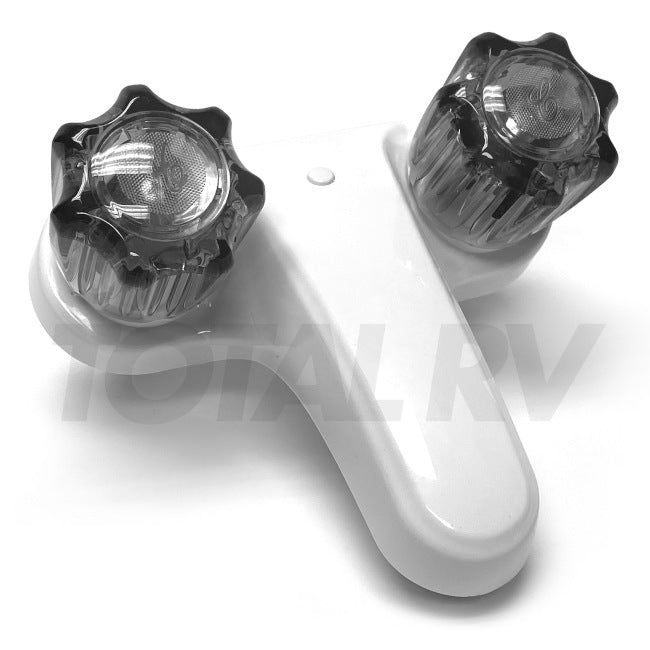 RV Bathroom Water Faucet  4" White w/ Smoke Turn Knobs   | Total RV Supply